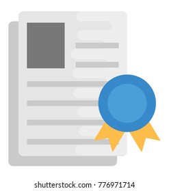 A certificate of acknowledgment, flat vector icon of award certificate