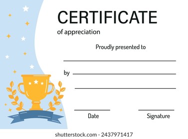 Certificate of appreciation. Achievement certificate in competition with champ cup. Awards diploma template. Diploma for kids background template. For school, preschool,summer camp, sport competition.