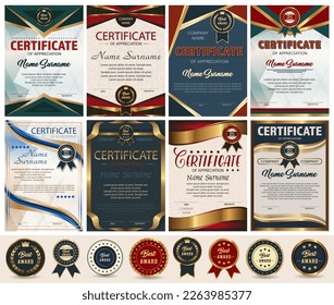 Certificate of appreciation, achievement. Large set and best award labels with ribbon. Vector illustration.