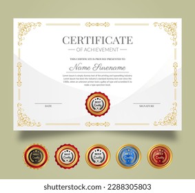 Certificate of Appreciation and Achievement template. Clean modern certificate with gold badge. Diploma award design for business and education needs.