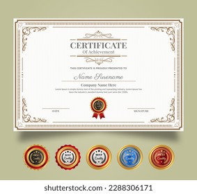 Certificate of Appreciation and Achievement template. Clean modern certificate with gold badge and modern curve line pattern. Diploma award design for business and education needs.