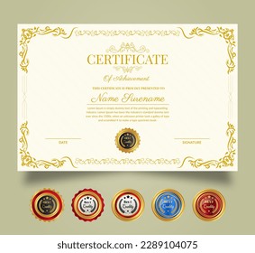 Certificate of Appreciation and Achievement template. Clean modern certificate with gold badge and modern curve line pattern. Diploma award design for business and education needs.