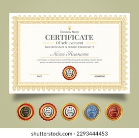 Certificate of Appreciation and Achievement template. Clean modern certificate with gold badge and modern curve line pattern. Diploma award design for business and education needs.