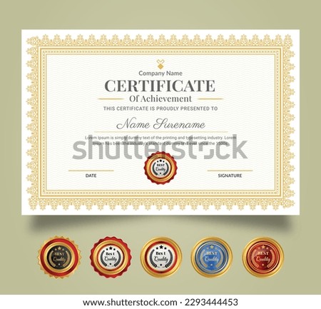 Certificate of Appreciation and Achievement template. Clean modern certificate with gold badge and modern curve line pattern. Diploma award design for business and education needs.
