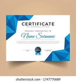 Certificate of appreciation or achievement template design with modern shapes or elements
