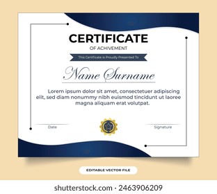 Certificate of appreciation and achievement vector design with blue and golden colors. Certificate template with elegant corner frame and certificate of achievement certificate decoration golden badge