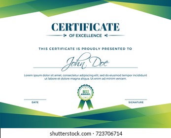 Certificate of appreciation award template with green shapes and badge.