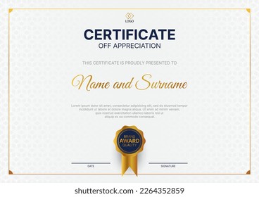 plantilla de certificado de apreciación en color oro, blanco y azul oscuro.Diseño de certificado limpio con insignia dorada.