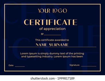 Certificate of appreciation blue color. Vector template. Simple design. Can use for beauty master, teacher