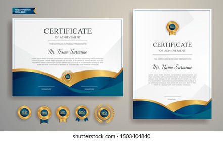 Certificate of appreciation blue and gold border vector template with luxury badge and modern line pattern