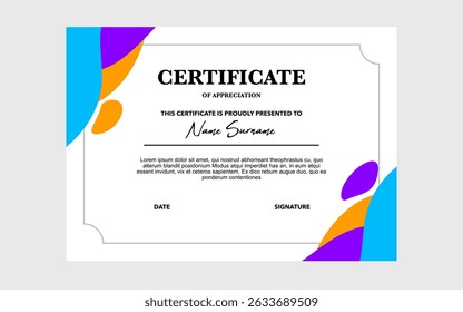 Certificate of appreciation with a blue orange and purple design.