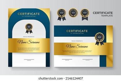 Plantilla de borde de certificado de apreciación con placa de oro de lujo y patrón de línea moderna. Para las necesidades de premios, corporaciones, empresas y educación