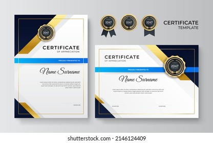 Certificate of appreciation border template with luxury gold badge and modern line pattern. For award, corporate, business, and education needs