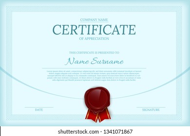 Certificate of appreciation color vector template. Diploma layout with text space. Luxury graduation document with red wax seal. Business and management course. University, college achievement award