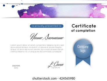 Certificate of appreciation (completion, achievement, graduation, diploma or award) with hand drawn watercolor background. Stock vector.