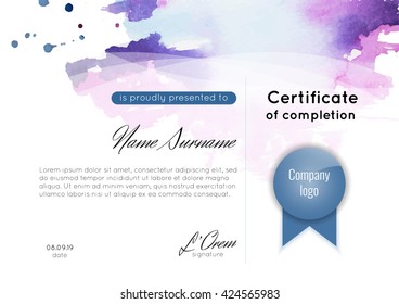 Certificate of appreciation (completion, achievement, graduation, diploma or award) with hand drawn watercolor background. Stock vector.