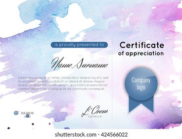 Certificate of appreciation (completion, achievement, graduation, diploma or award) with hand drawn watercolor background. Stock vector.