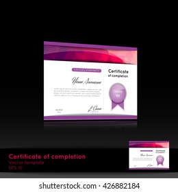 Certificate of appreciation (completion, achievement, graduation, diploma or award) with the reflection on the black background. Stock vector.
