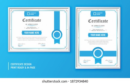 Bescheinigung der Wertschätzung Design-Vorlage. Blaues Zertifikat-Design im professionellen Stil