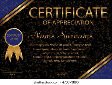 Certificate of appreciation, diploma. Elegant black template with gold and blue areas.  Horizontal template. Vector illustration.