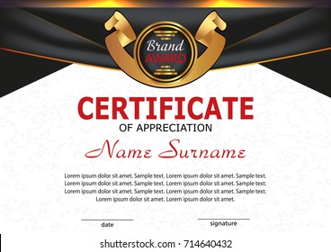 Certificate appreciation or diploma. Elegant design with golden ribbon. Winning the competition. Vector illustration.