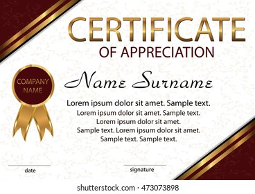Certificate of appreciation, diploma. Elegant light background with gold and red areas. Horizontal template. Vector illustration.