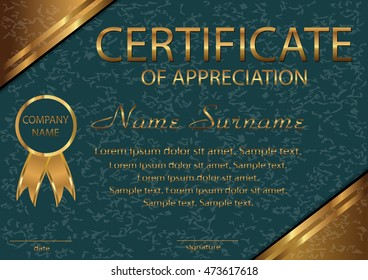 Certificate of appreciation, diploma. Elegant turquoise template with golden corners.  Horizontal template. Vector illustration.
