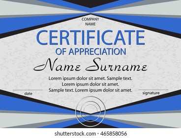 Certificate of appreciation, diploma. Horizontal. Winning the competition. Reward. Award winner. Vector illustration. The text on separate layer.