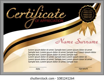 Certificate of appreciation, diploma. Winning the competition. Award winner. Reward. Gold and black decorative elements. Vector illustration.