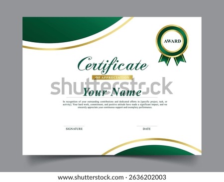 Certificate of appreciation green template clipart. Award of recognition, achievement and success clip art in formal simple document editable layout design vector illustration.   
