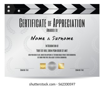 Certificate Of Appreciation With Movie Film Slate In Silver Tone Theme 