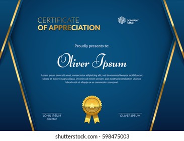 Certificate of Appreciation with seal badge template. Blue and gold colors. Premium diploma design. Layered eps10 vector.