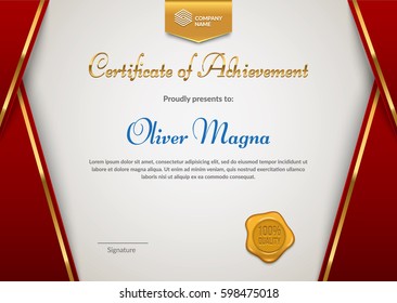 Certificate of Appreciation with seal badge template. Red and gold colors. Premium diploma design. Layered eps10 vector.