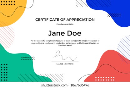 Certificate of Appreciation template with abstract geometric memphis style design.