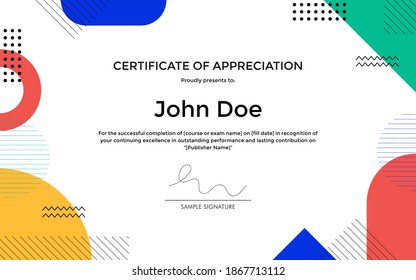 Certificate of Appreciation template with abstract geometric memphis style design.