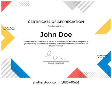 Certificate of Appreciation template with abstract geometric memphis style design.