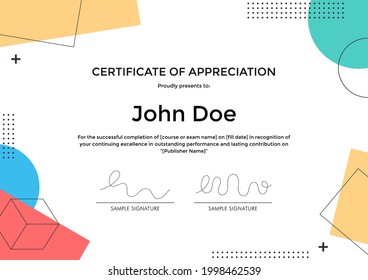 Certificate of Appreciation template with abstract geometric memphis style design.