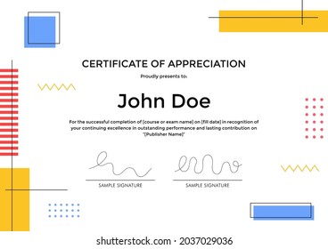Certificate of Appreciation template with abstract geometric memphis style design.