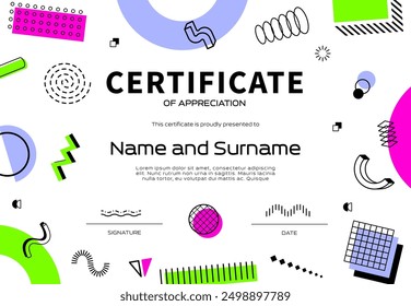 Certificado de Plantilla de apreciación, Formas geométricas abstractas de memphis. Diploma de Vector, marco de trofeo con figuras geométricas, Elementos, colores vibrantes, lugar para el nombre del destinatario, fecha y firma