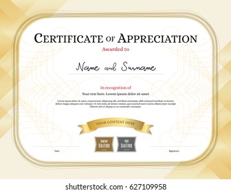 Certificate of appreciation template with award ribbon on abstract guilloche background with vintage border style