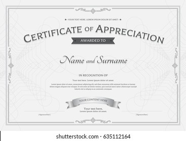 Certificate of appreciation template with award ribbon on abstract guilloche background with vintage border style
