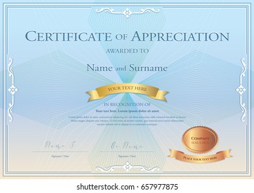 Certificate of appreciation template with award ribbon on abstract guilloche background with vintage border style
