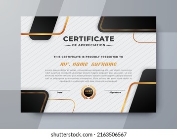 Certificate of appreciation template with black and gold color, modern luxury border certificate design with gold badge.