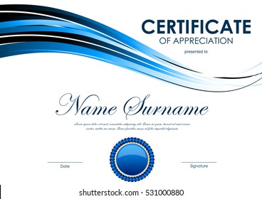 Certificate of appreciation template with blue bright curve wavy background and seal. Vector illustration