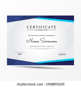 Certificate of appreciation template, blue color. Clean modern certificate with gold badge. Certificate border template with luxury and modern line pattern. Diploma vector template