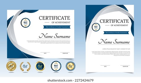 Certificate of appreciation template. blue color. Clean modern certificate with gold badge. Certificate border template with luxury and modern line pattern. Diploma vector template. EPS 10