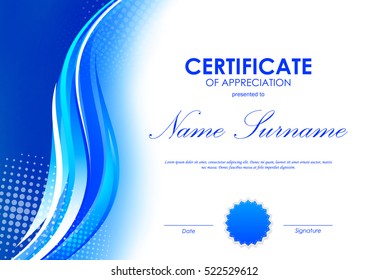 Certificate of appreciation template with blue digital curved bright wavy background and seal. Vector illustration