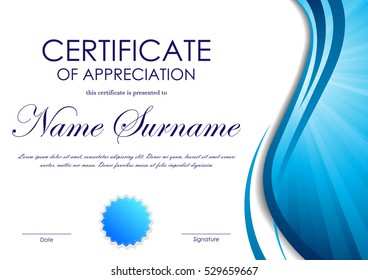 Certificate of appreciation template with blue dynamic wavy vortex light background and seal. Vector illustration