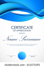 Certificate of appreciation template with blue dynamic material wavy background and seal. Vector illustration