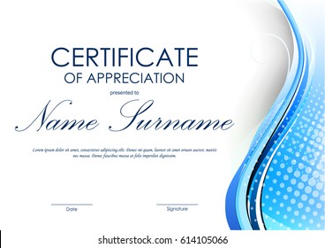 Certificate of appreciation template with blue dynamic curved wavy background. Vector illustration